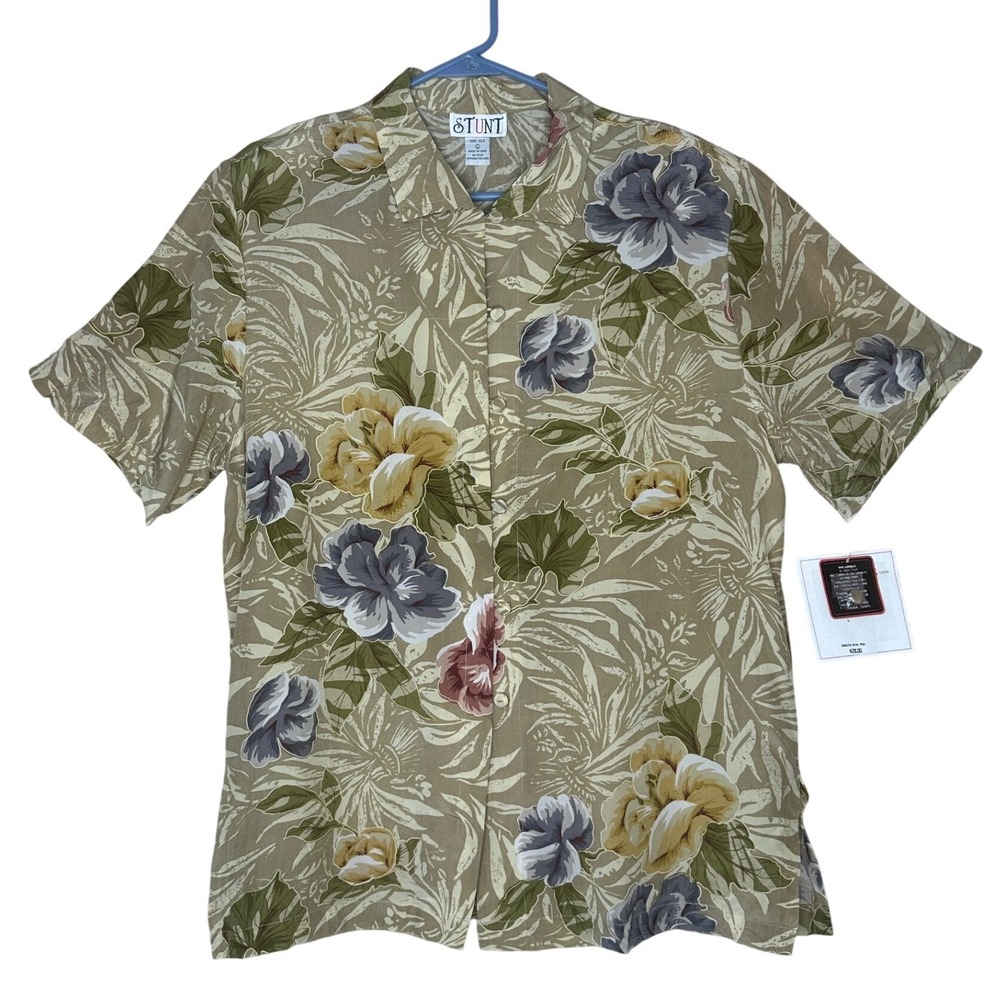 STUNT NWT VTG 100% Silk Floral Print Button Down Short Sleeve Size L Grandmacore